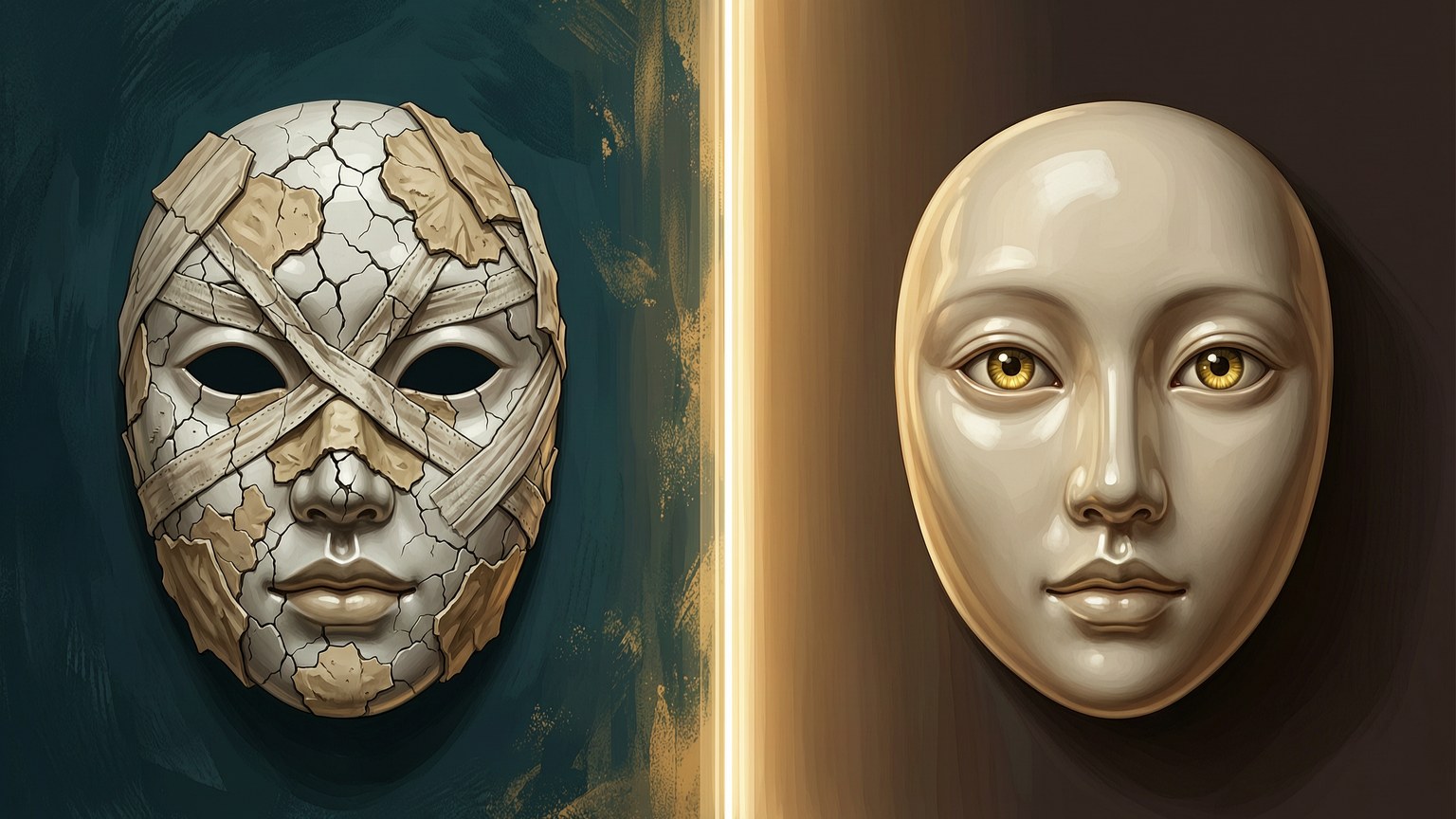 概念图:左侧层层贴膏药的破碎瓷脸,右侧一整块温润完整的瓷面,中间一道裂缝分隔