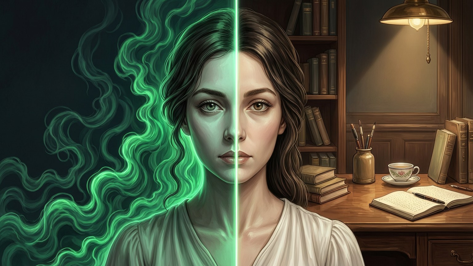 概念图:左半一张瓷脸被浓绿雾笼罩边缘发毛,右半同脸干净坐在暖光桌面上,中间一道亮缝